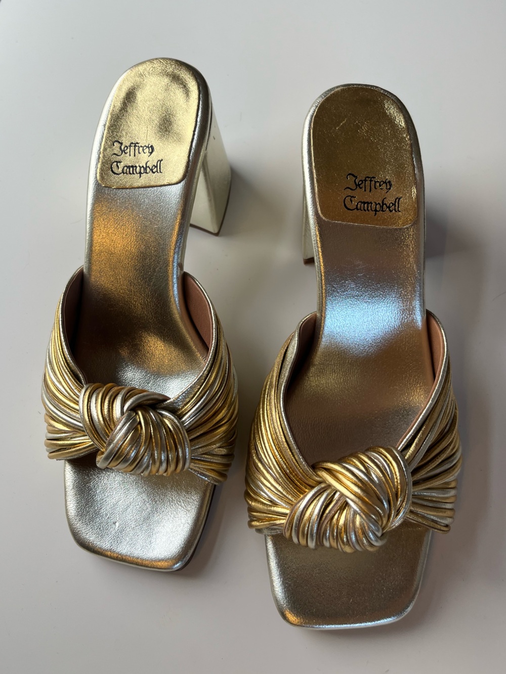 Jeffrey Campbell Metallic Gold Twist-Knot Block Heel Mules